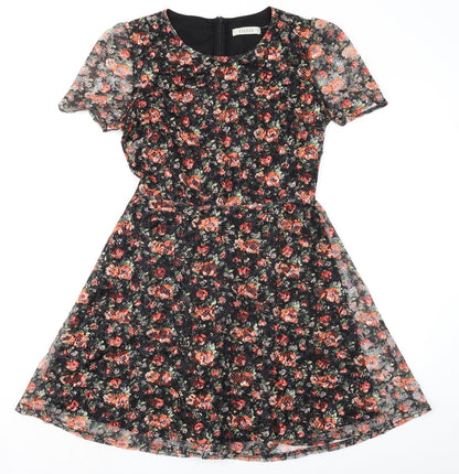 Oasis Womens Black Floral Polyester Fit & Flare Size S Round Neck Zip