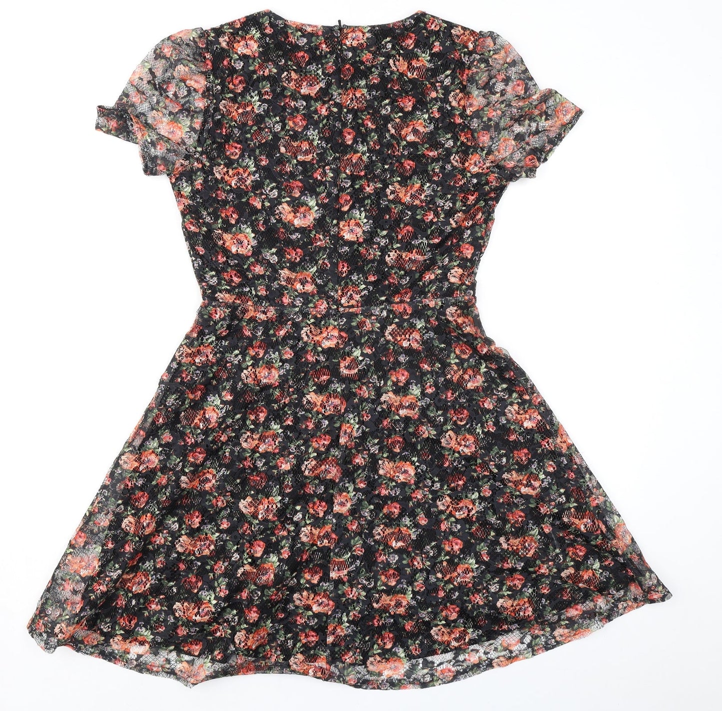 Oasis Womens Black Floral Polyester Fit & Flare Size S Round Neck Zip