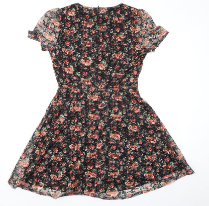 Oasis Womens Black Floral Polyester Fit & Flare Size S Round Neck Zip