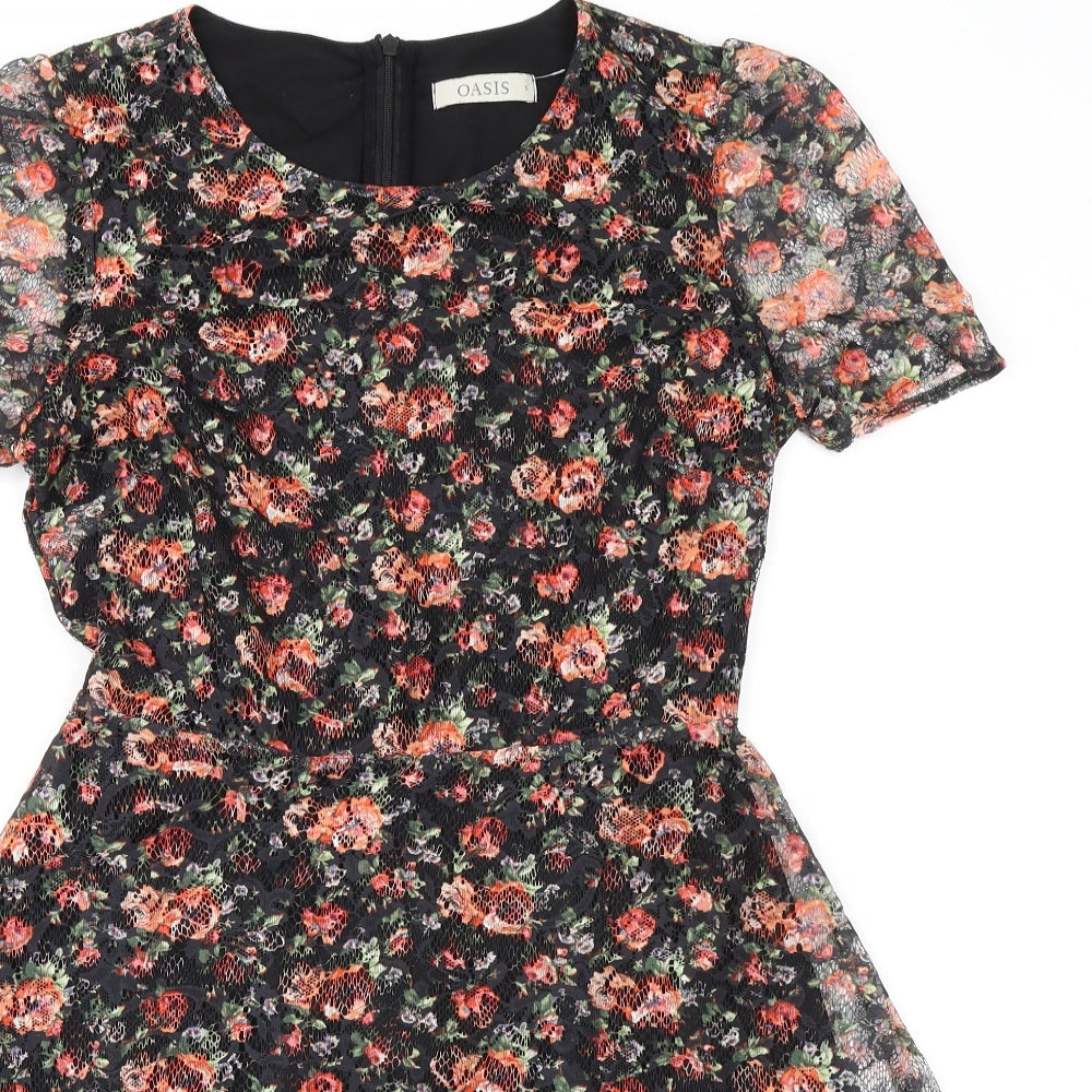 Oasis Womens Black Floral Polyester Fit & Flare Size S Round Neck Zip