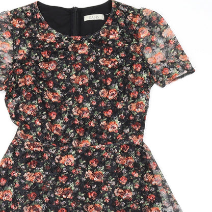 Oasis Womens Black Floral Polyester Fit & Flare Size S Round Neck Zip