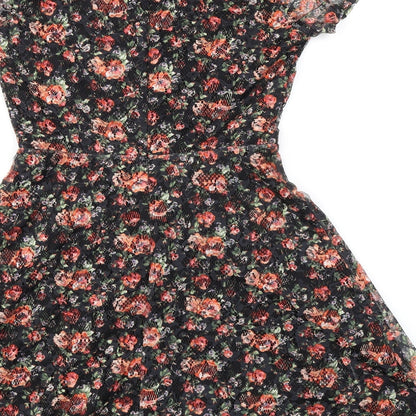 Oasis Womens Black Floral Polyester Fit & Flare Size S Round Neck Zip