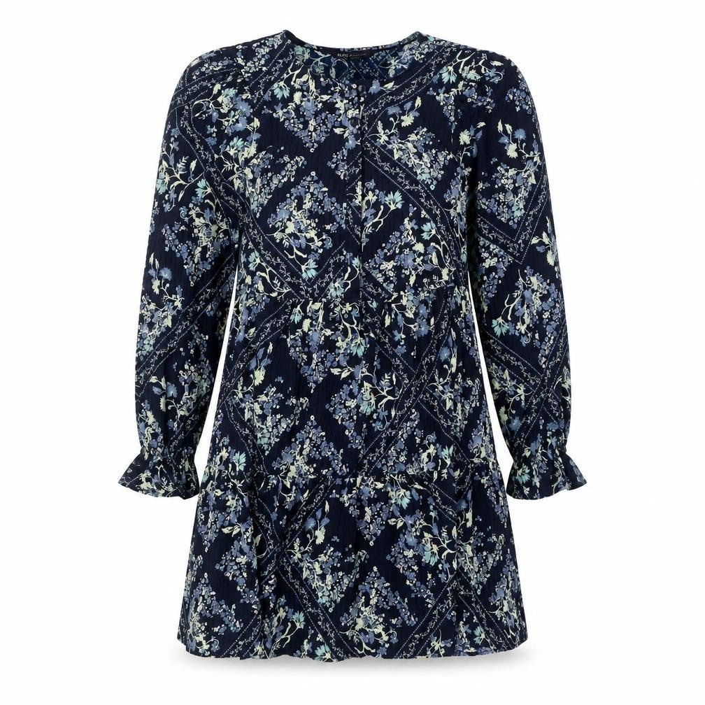 Marks and Spencer Womens Blue Geometric Polyester Shift Size 6 Round Neck Button - Floral Diamond Smock
