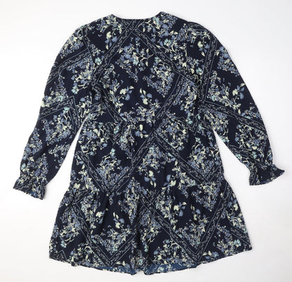 Marks and Spencer Womens Blue Geometric Polyester Shift Size 6 Round Neck Button - Floral Diamond Smock