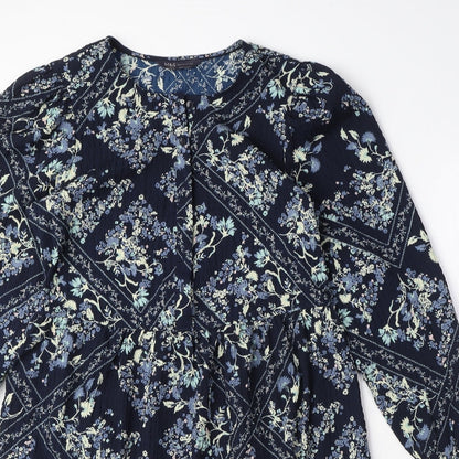 Marks and Spencer Womens Blue Geometric Polyester Shift Size 6 Round Neck Button - Floral Diamond Smock