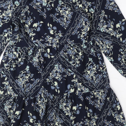 Marks and Spencer Womens Blue Geometric Polyester Shift Size 6 Round Neck Button - Floral Diamond Smock