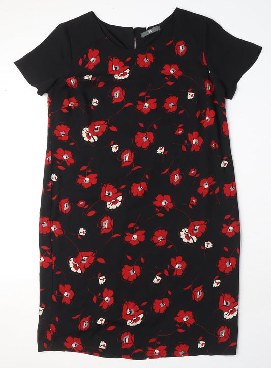 BHS Womens Black Floral Polyester Shift Size 14 Round Neck Button
