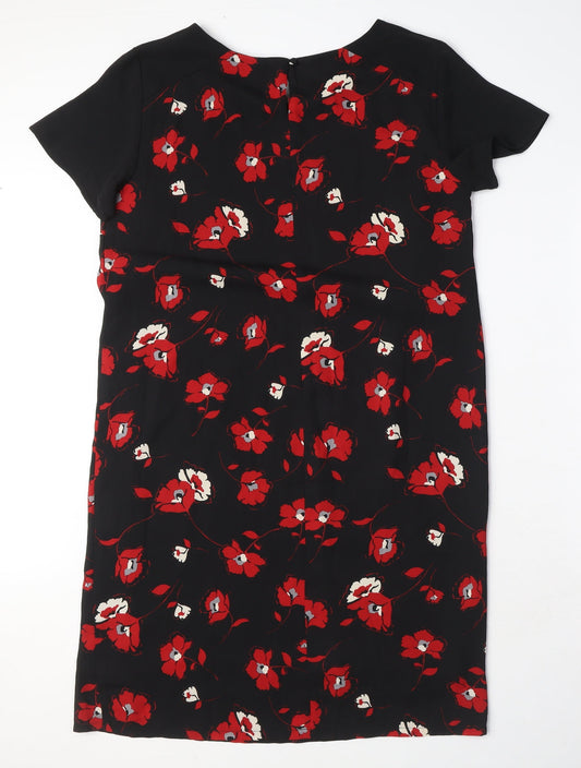 BHS Womens Black Floral Polyester Shift Size 14 Round Neck Button