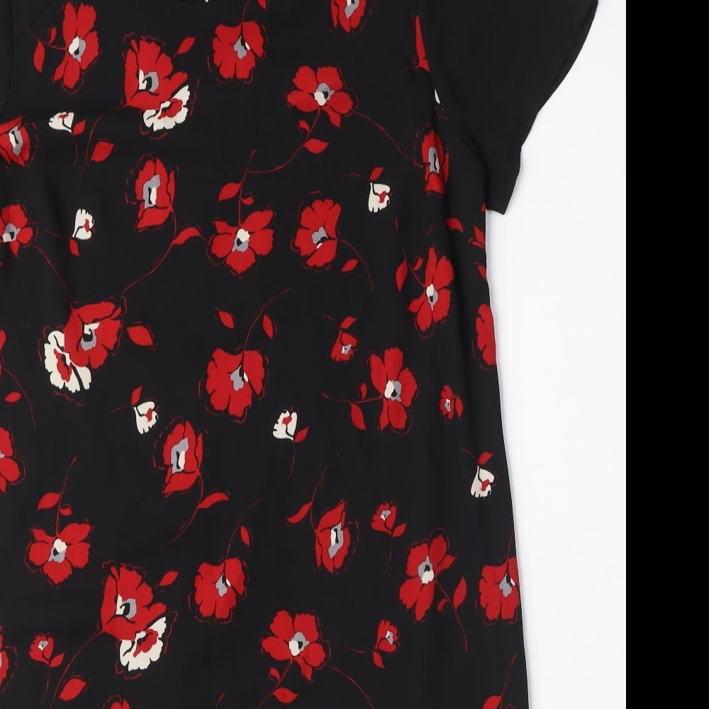 BHS Womens Black Floral Polyester Shift Size 14 Round Neck Button