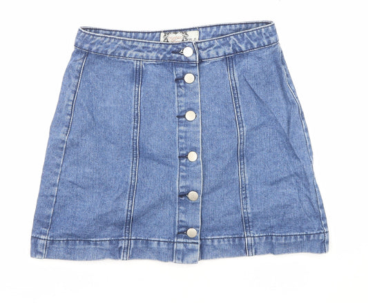 Boohoo Womens Blue Cotton A-Line Skirt Size 8 Button
