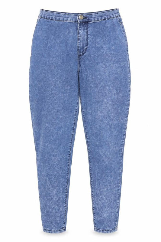 Front view of Denim & Co. women’s blue cotton mom jeans, size UK 10, 26-inch leg regular zip - acid wash effect