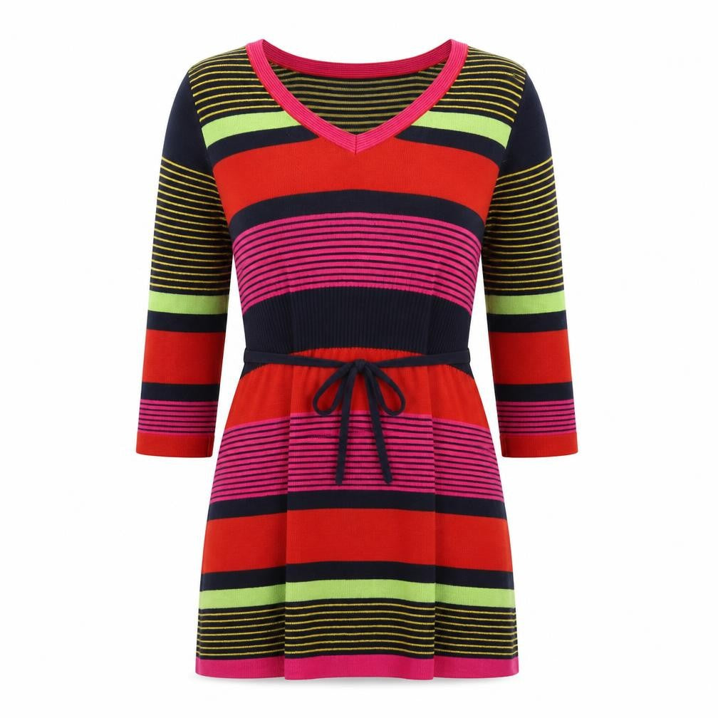 Per Una Womens Multicoloured Striped Viscose A-Line Size 10 V-Neck Pullover