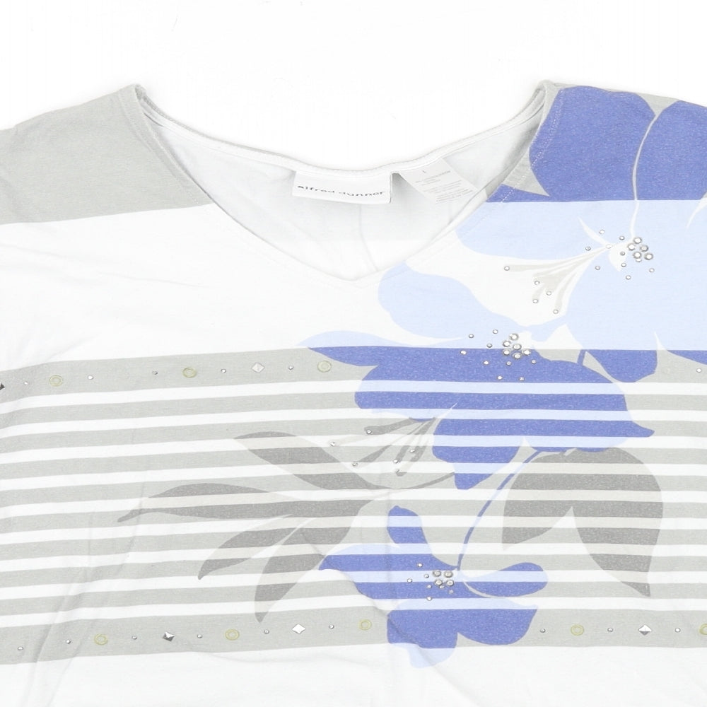 Alfred Dunner Womens Multicoloured Striped Cotton Basic T-Shirt Size L V-Neck - Sequin Floral Print