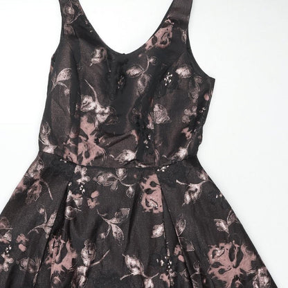 Luxe Womens Black Geometric Polyester Skater Dress Size 12 V-Neck Zip