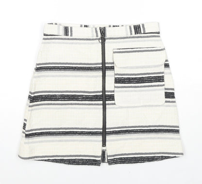 Topshop Womens Ivory Striped Cotton Flare Skirt Size 6 Zip