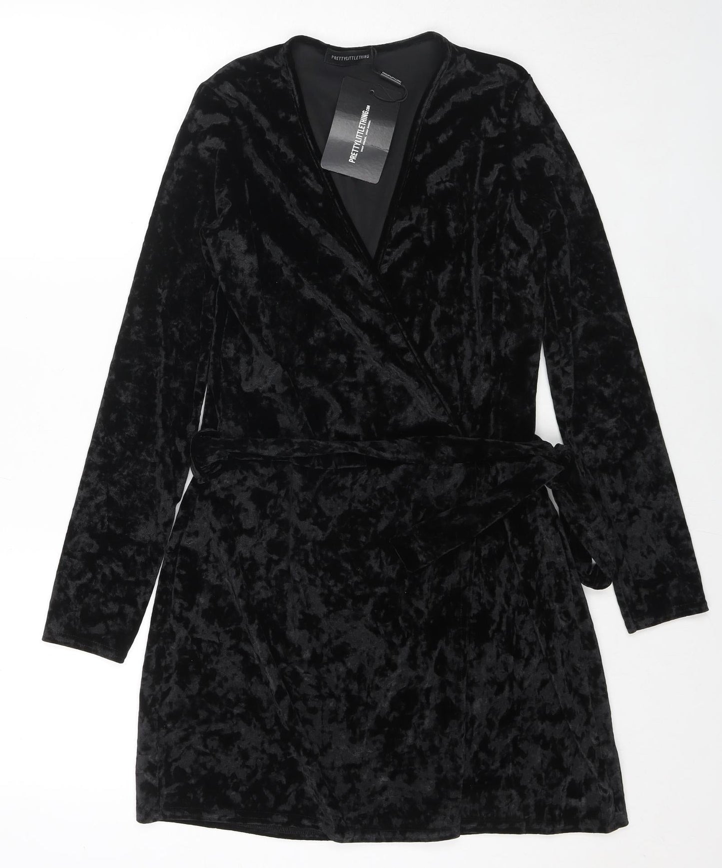 PRETTYLITTLETHING Womens Black Geometric Polyester Wrap Dress Size 6 V-Neck Button