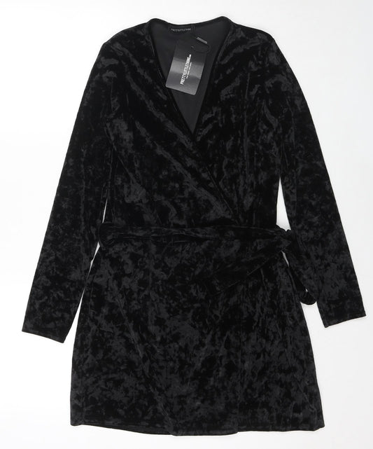 PRETTYLITTLETHING Womens Black Geometric Polyester Wrap Dress Size 6 V-Neck Button