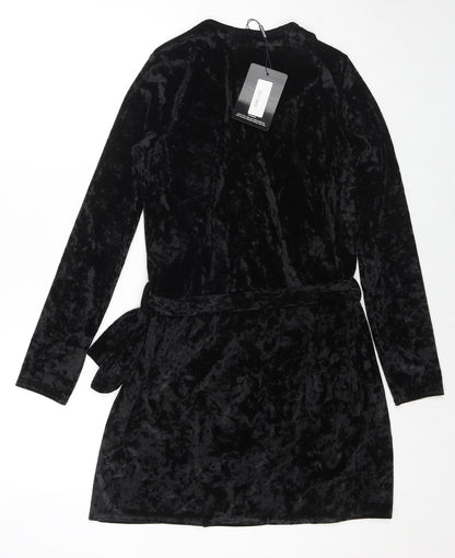 PRETTYLITTLETHING Womens Black Geometric Polyester Wrap Dress Size 6 V-Neck Button