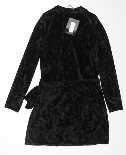 PRETTYLITTLETHING Womens Black Geometric Polyester Wrap Dress Size 6 V-Neck Button