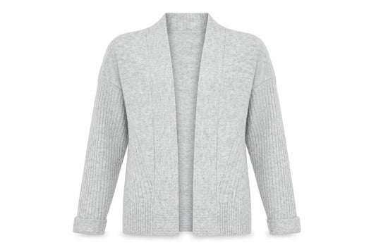 Front view of Miss Selfridge women’s grey v-neck acrylic cardigan jumper, size M