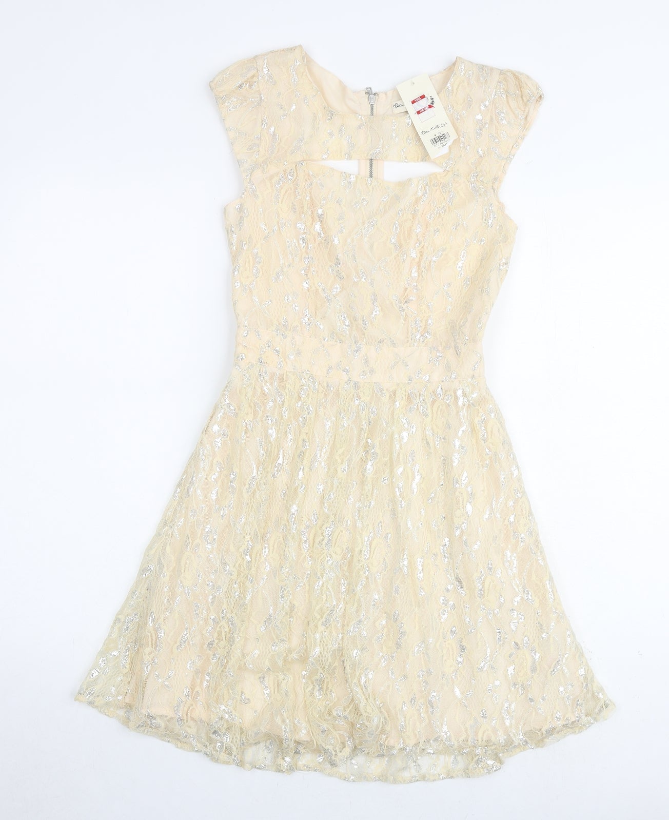 Miss Selfridge Womens Ivory Geometric Polyamide A-Line Size 4 Round Neck Zip - Keyhole Neck