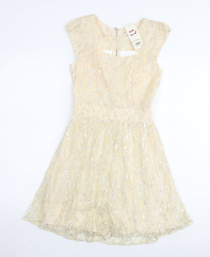 Miss Selfridge Womens Ivory Geometric Polyamide A-Line Size 4 Round Neck Zip - Keyhole Neck