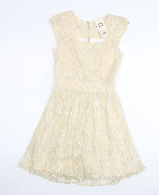 Miss Selfridge Womens Ivory Geometric Polyamide A-Line Size 4 Round Neck Zip - Keyhole Neck