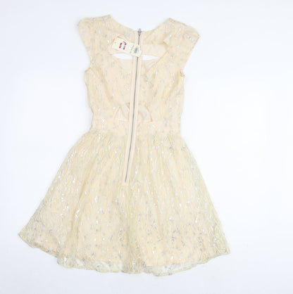 Miss Selfridge Womens Ivory Geometric Polyamide A-Line Size 4 Round Neck Zip - Keyhole Neck