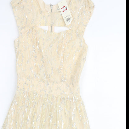 Miss Selfridge Womens Ivory Geometric Polyamide A-Line Size 4 Round Neck Zip - Keyhole Neck