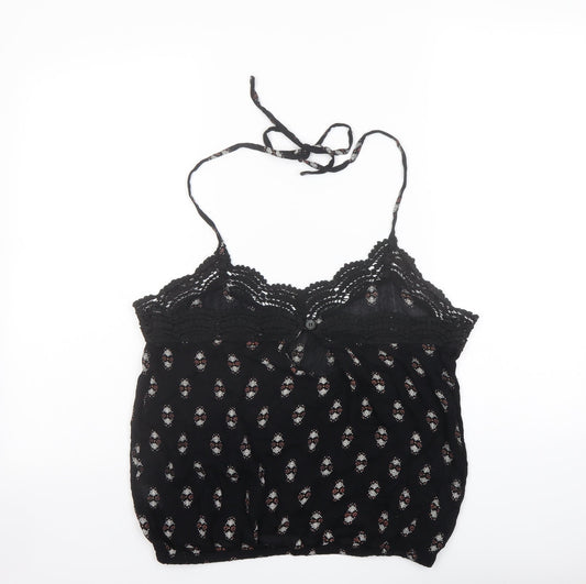Boohoo Womens Black Geometric Viscose Cropped Tank Size 14 Halter