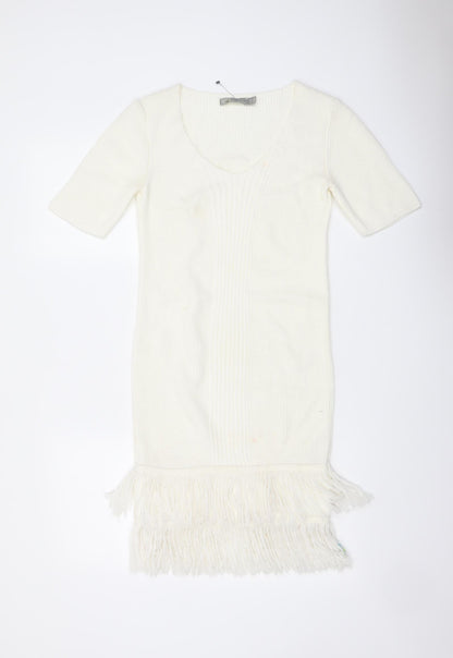 ASOS Womens Ivory Acrylic Bodycon Size 6 V-Neck Pullover - Tassel Hem