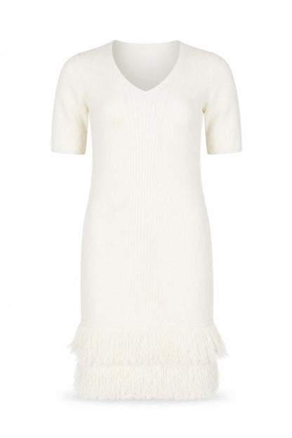 ASOS Womens Ivory Acrylic Bodycon Size 6 V-Neck Pullover - Tassel Hem