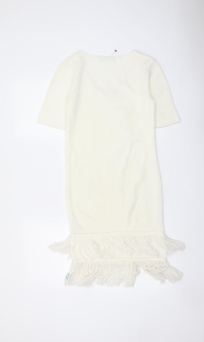 ASOS Womens Ivory Acrylic Bodycon Size 6 V-Neck Pullover - Tassel Hem