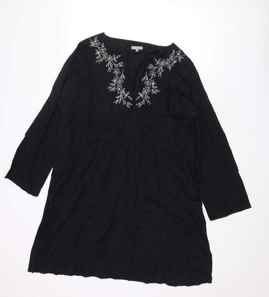 Per Una Womens Black Cotton A-Line Size L V-Neck Pullover - Embroidered Flowers