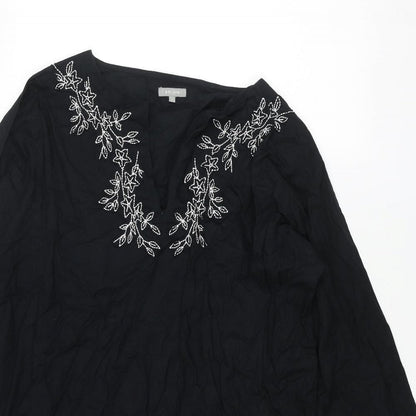 Per Una Womens Black Cotton A-Line Size L V-Neck Pullover - Embroidered Flowers