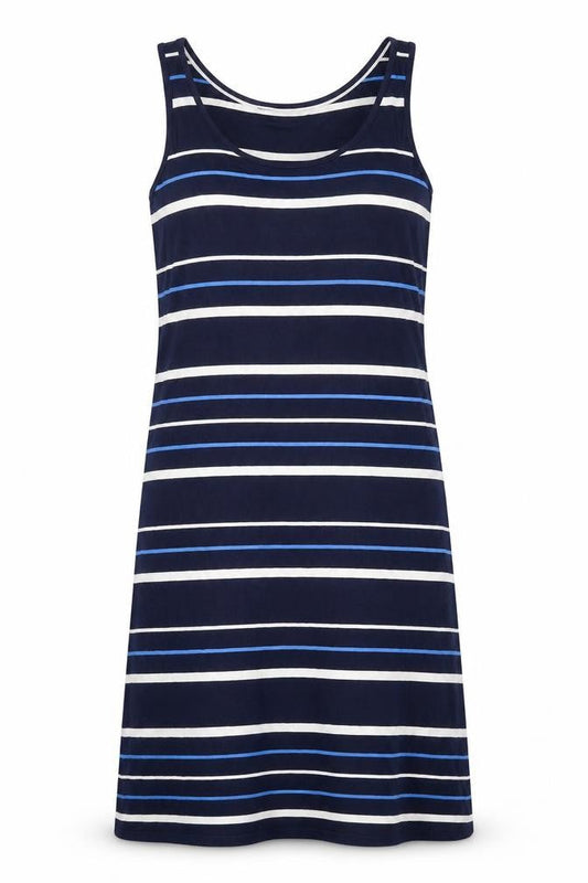Front view of Crew Clothing Blue Striped Viscose A-Line, size 8, Round Neck Pullover