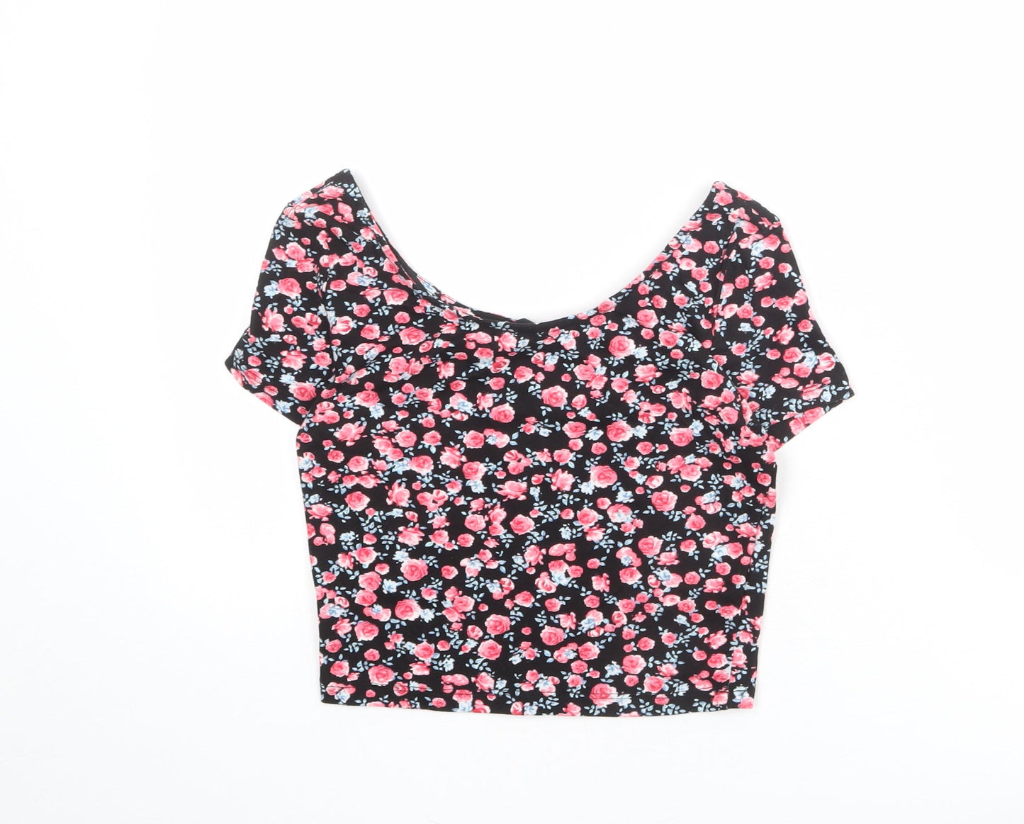 Divided by H&M Womens Black Floral Cotton Cropped T-Shirt Size S Boat Neck