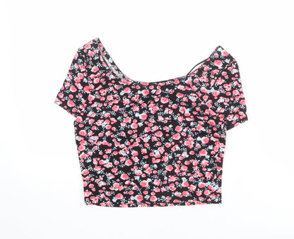 Divided by H&M Womens Black Floral Cotton Cropped T-Shirt Size S Boat Neck