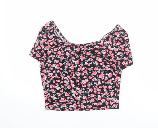 Divided by H&M Womens Black Floral Cotton Cropped T-Shirt Size S Boat Neck