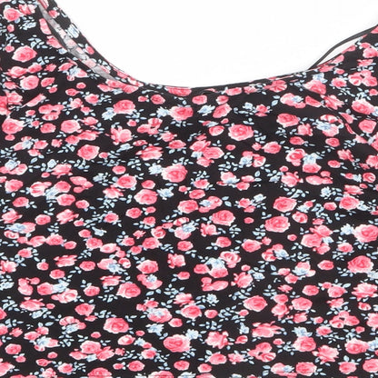 Divided by H&M Womens Black Floral Cotton Cropped T-Shirt Size S Boat Neck