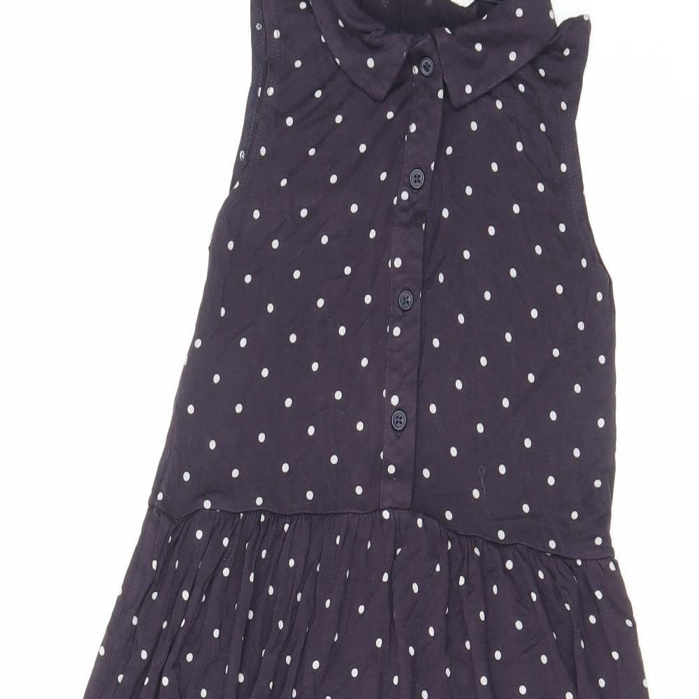H&M Girls Blue Polka Dot Viscose A-Line Size 6-7 Years Collared Button