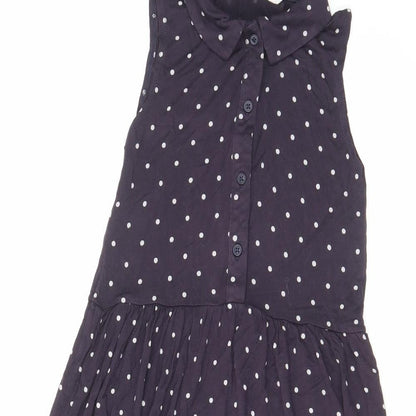 H&M Girls Blue Polka Dot Viscose A-Line Size 6-7 Years Collared Button