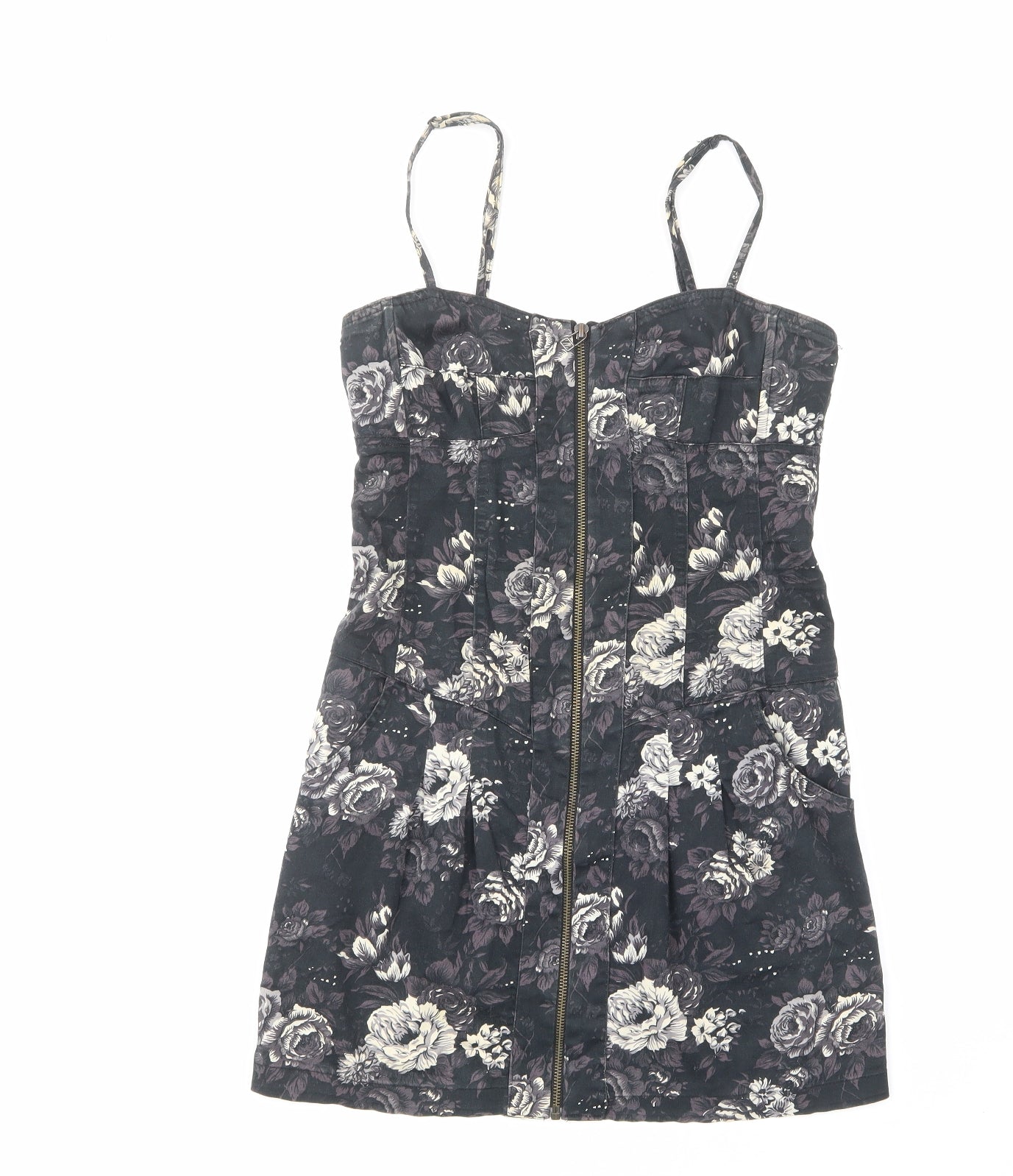 Stradivarius Womens Black Floral Cotton Mini Size M Sweetheart Zip