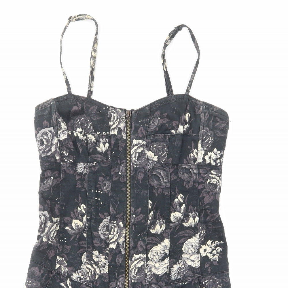 Stradivarius Womens Black Floral Cotton Mini Size M Sweetheart Zip