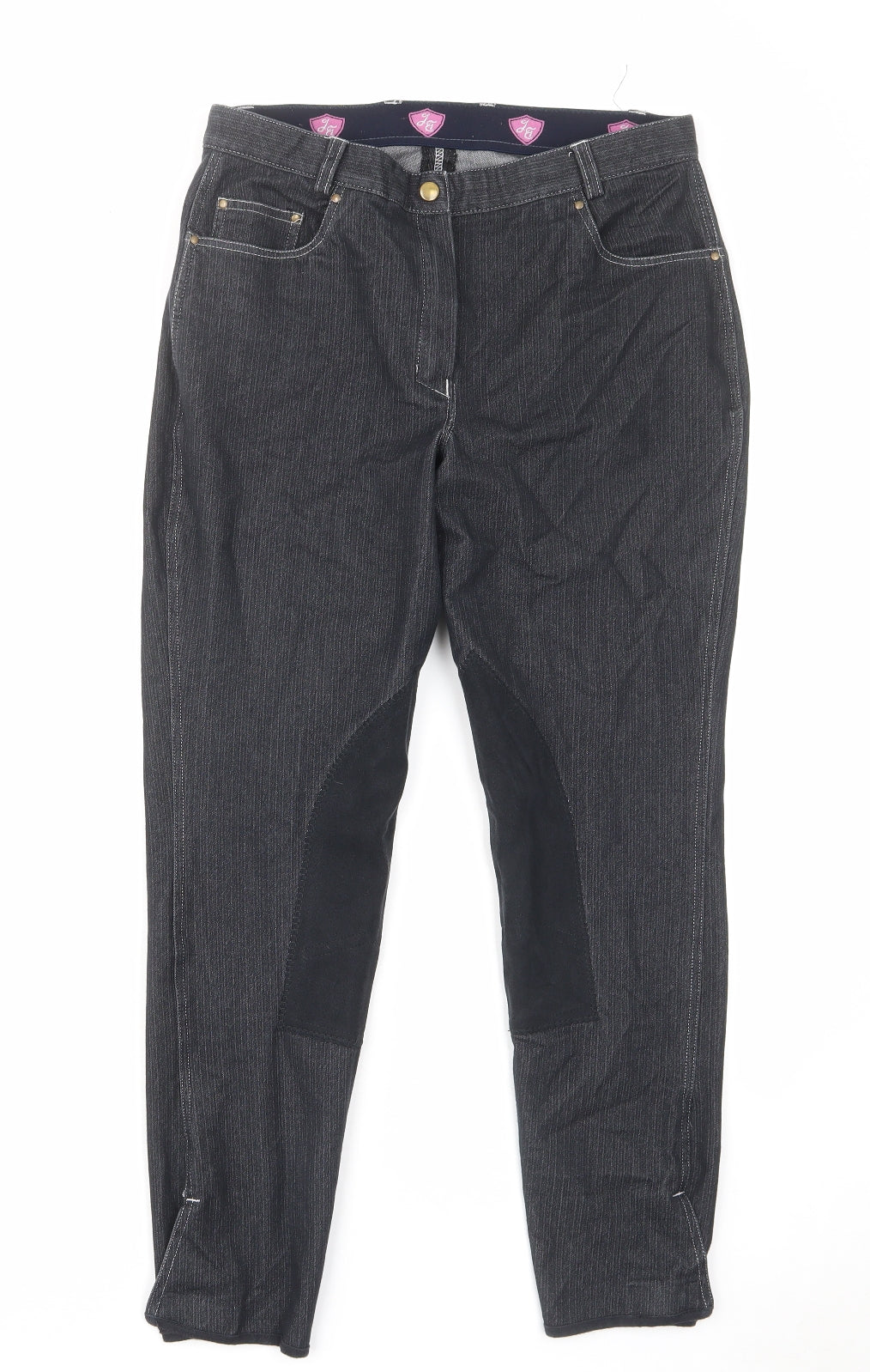 Equestrian Womens Black Cotton Trousers Size 12 L28 in Regular Zip - Crown Pocket Equestrian