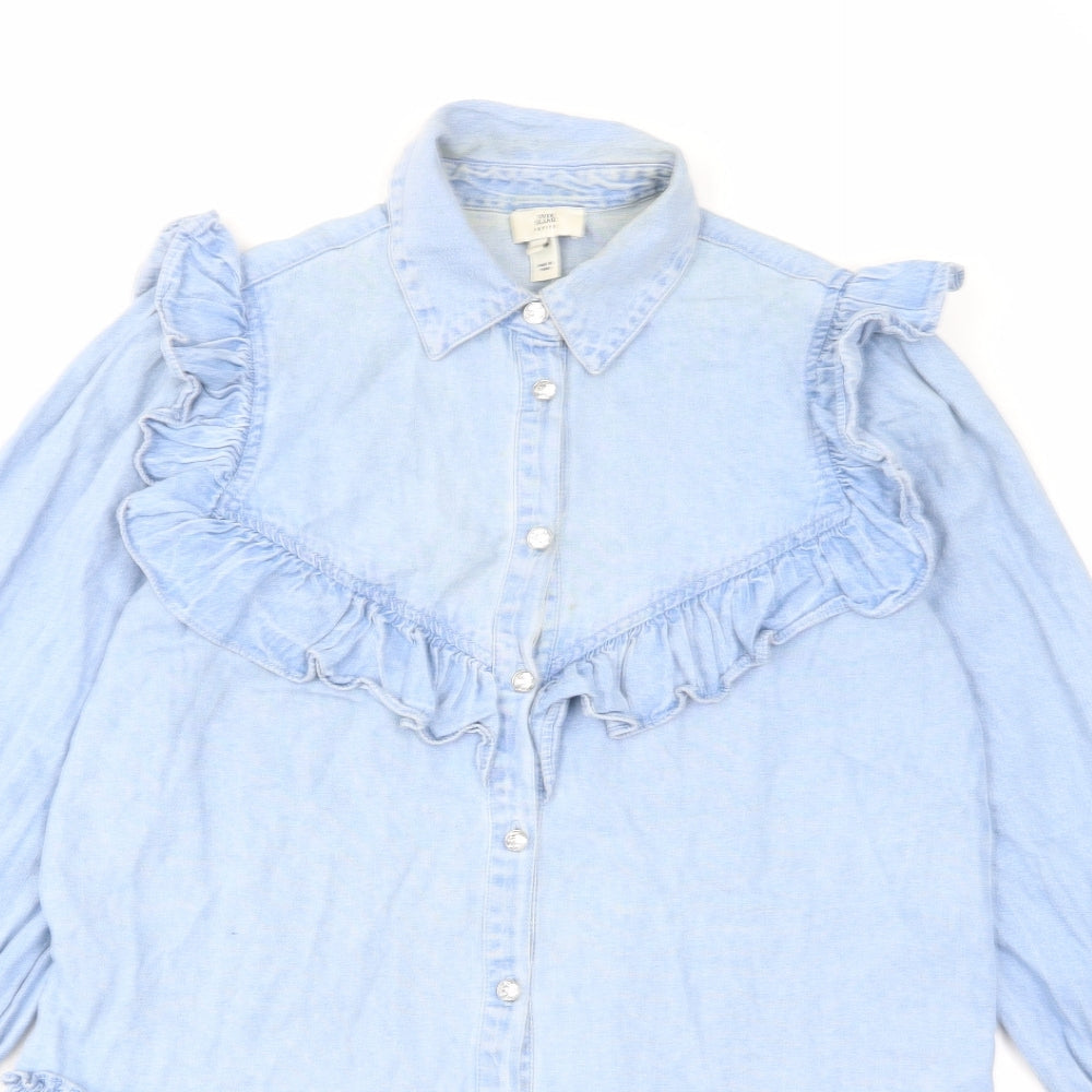 River Island Womens Blue Cotton A-Line Size S Collared Button - Ruffles