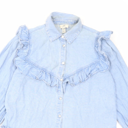 River Island Womens Blue Cotton A-Line Size S Collared Button - Ruffles