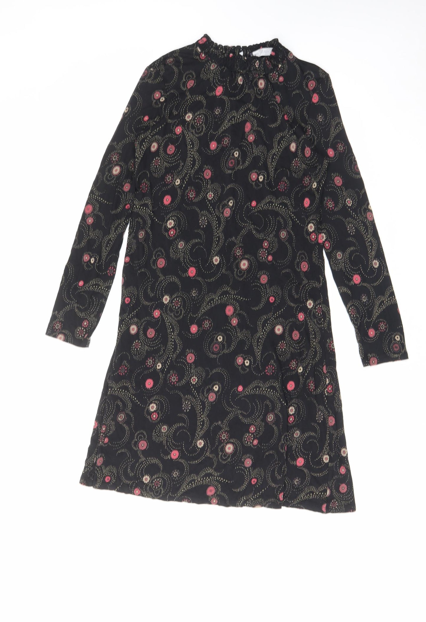 Marks and Spencer Womens Black Geometric Viscose A-Line Size 8 Mock Neck Button