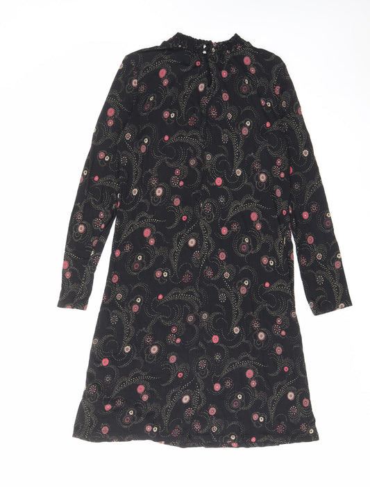 Marks and Spencer Womens Black Geometric Viscose A-Line Size 8 Mock Neck Button