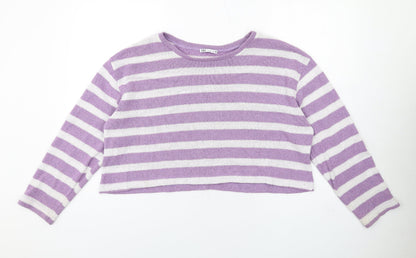 Zara Womens Purple Round Neck Striped Acrylic Pullover Jumper Size L